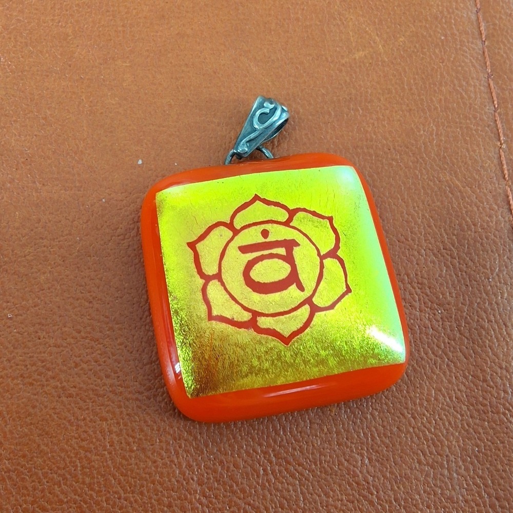 Orange Fused Glass Sacral Chakra Pendant Gold Foil Svadhisthana Symbol Square